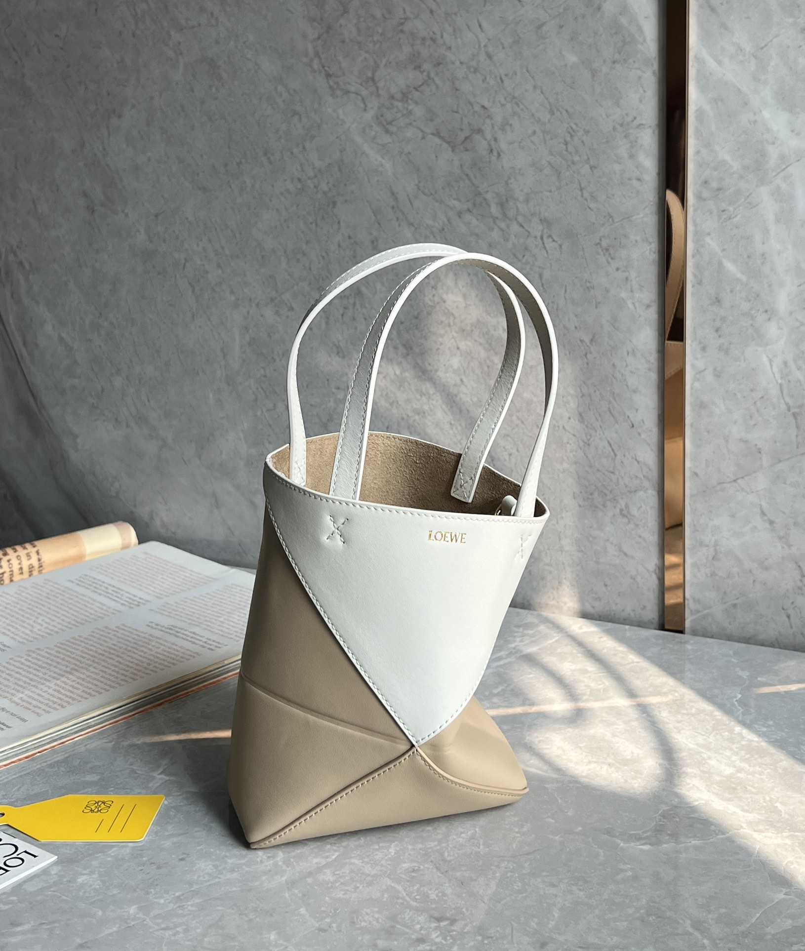 Loewe Mini Puzzle Fold Tote in Shiny Calfskin White/Beige